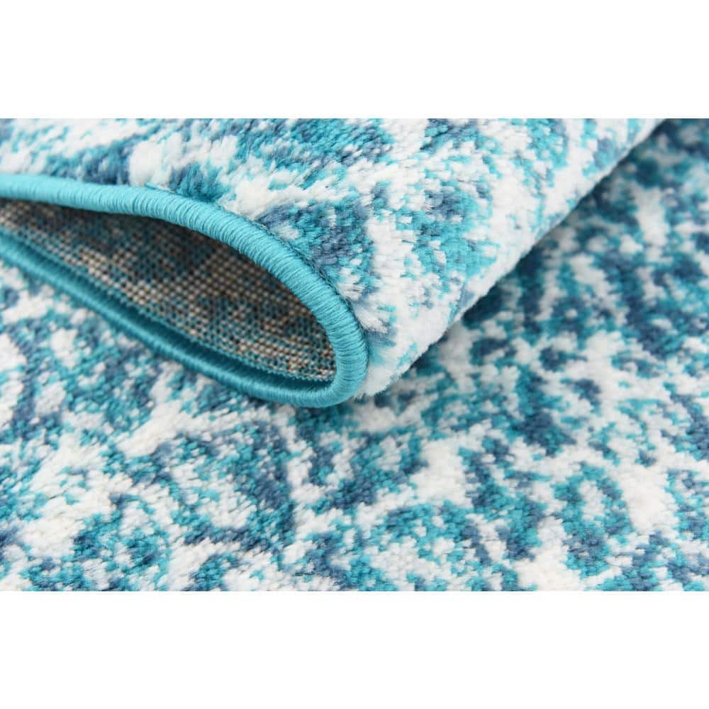 Turquoise and White Synthetic Reversible Runner Rug