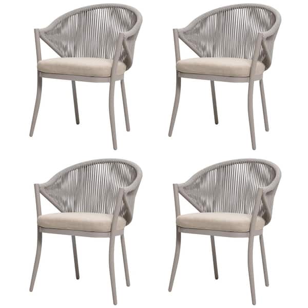Nuu Garden Outdoor Aluminum Dining Chair Set Rope Weaver Patio Furniture with Removable Beige Cushions (4-Pack)