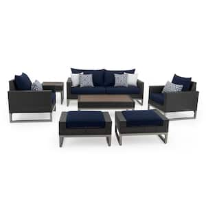 Milo Espresso 7-Piece Wicker Patio Deep Seating Conversation Set with Sunbrella Navy Blue Cushions