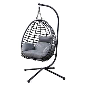 37 in. Black Steel Patio Swing Egg Chair with Gray Cushions and Pillow