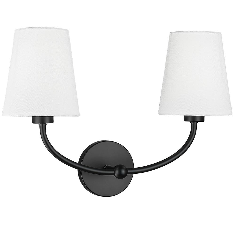 JAZAVA 19 in. 2-Light Black Vanity Light with White Fabric Shade for ...