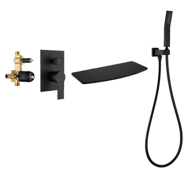 Unbranded Single-Handle Wall-Mount Roman Tub Faucet with Hand Shower and Watrefall Spout in Matte Black