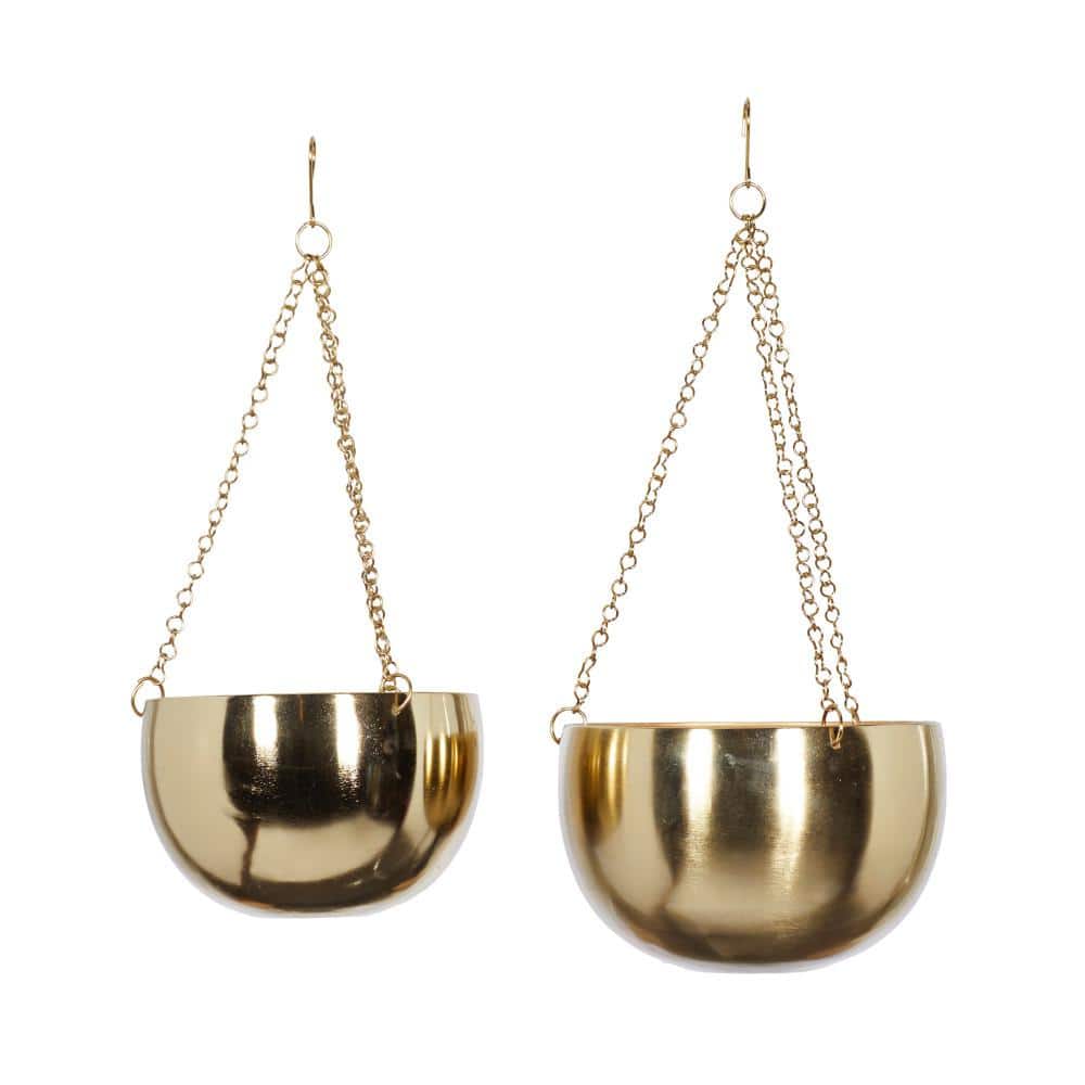 Set of 2 Gold Metal Hanging Planters with Chains