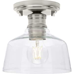 Singleton 7.62 in. 1-Light Brushed Nickel Small Semi-Flush Mount Light with Clear Glass Shade