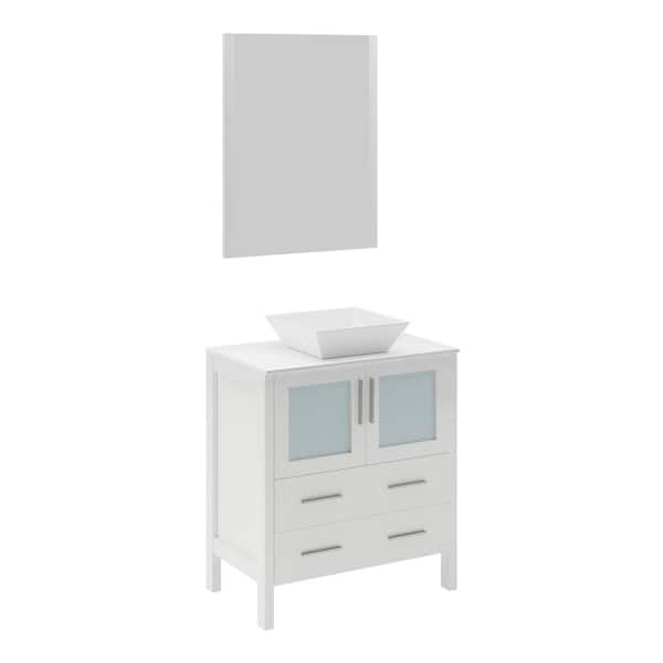Fresca Torino 30 in. Vanity in White with Glass Stone Vanity Top in White and Mirror (Faucet Not Included)