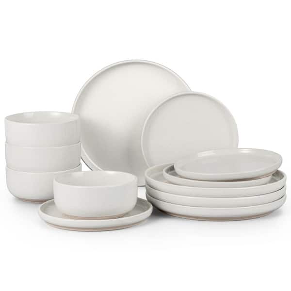 12-Piece Speckled Milky White Stoneware Dinnerware Set with Plates and Bowls Service for 4