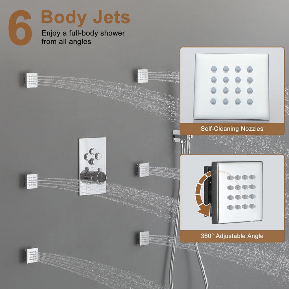 Chrome Dual Head Thermostatic Rainfall Shower System with Jets