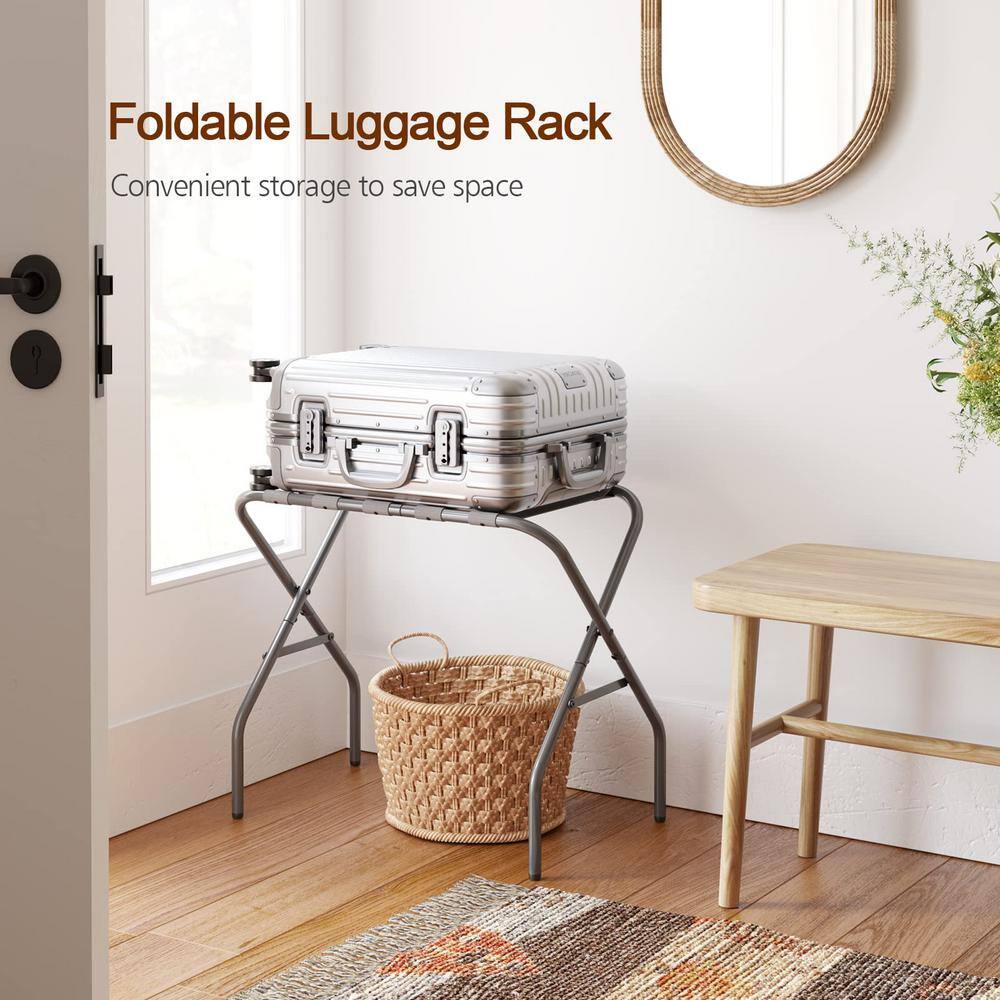 Gray Foldable Steel Luggage Rack Set with Nylon Straps