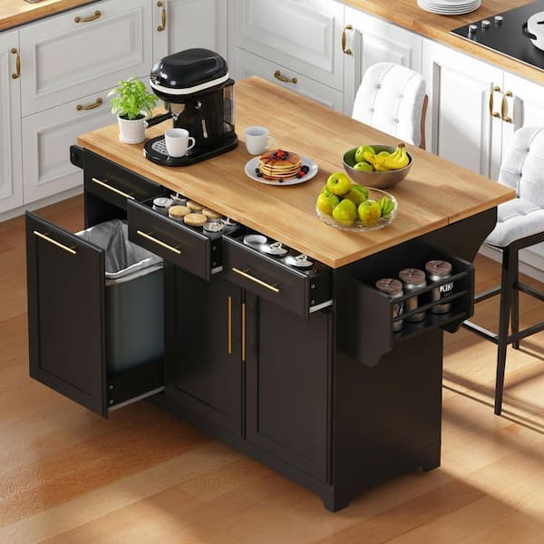 Farmhouse Black Wood 59.3 in. Drop Leaf Power Outlet Kitchen Island with Trash Can Storage and 2 Pull Out Organizers