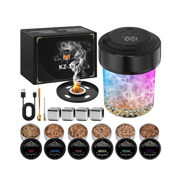1-Kit Black Electric Cocktail Smoker Kit with Built-in Lighter and 6 Wood Chips for Whiskey and Drinks