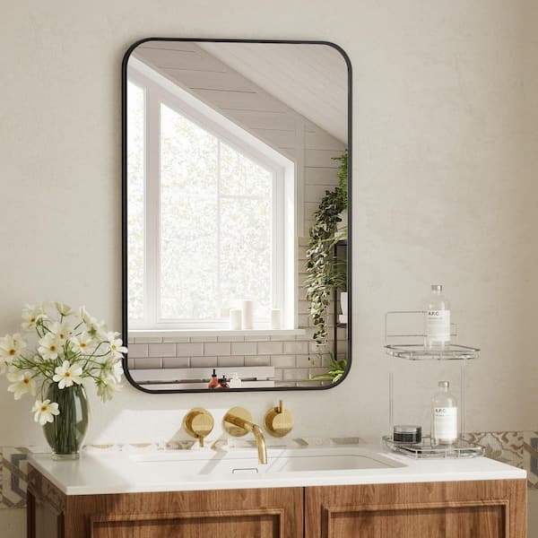 XRAMFY Black 24 in. W x 36 in. H Rectangular Bathroom Mirror with Rounded Corners Wall Metal Framed Mirror