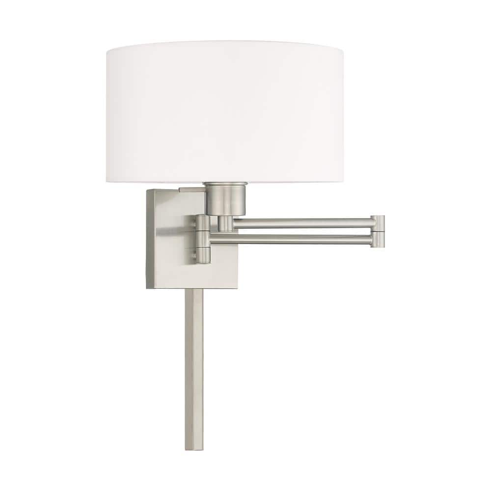Brushed Nickel Swing Arm Wall Lamp with Off-White Fabric Shade