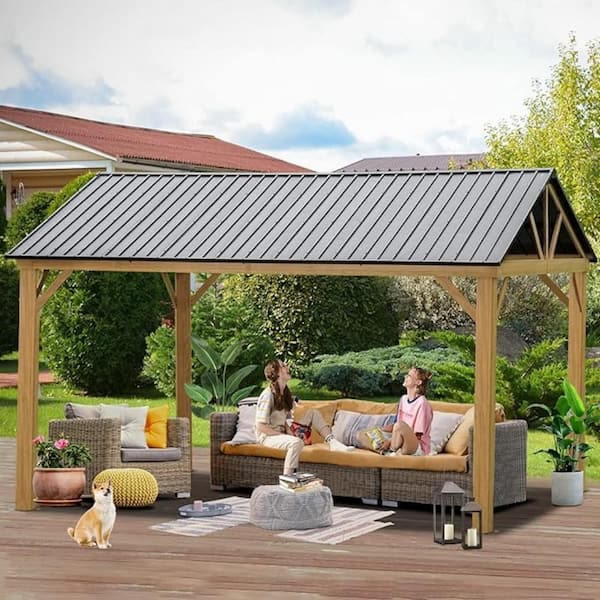 Sandgo 14 ft. x 12 ft. Aluminum Hardtop Wood Like Gazebo in Brown with Galvanized Steel Gable Roof