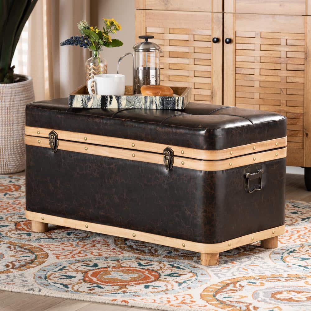 Dark Brown Faux Leather Tufted Storage Footstool with Oak Wood Bands
