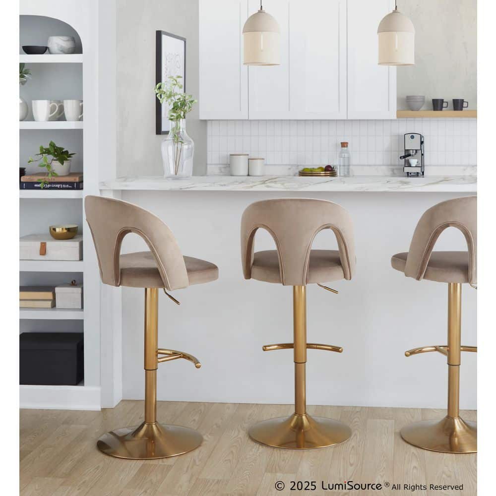 Ava Upholstered 45.5 in. Gold Metal and Taupe Velvet Adjustable Barstool with Round T Footrest (Set of 2) price history on PriceWatchPro