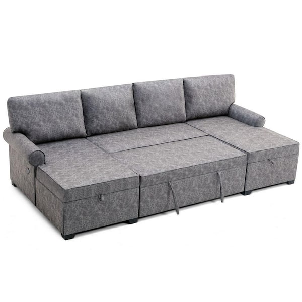 JASMODER 108.75 in. W Round Arm 1-Piece Fabric Sectional Sofa in Gray with Armrests, Chaise, Removable Cushions, Storage