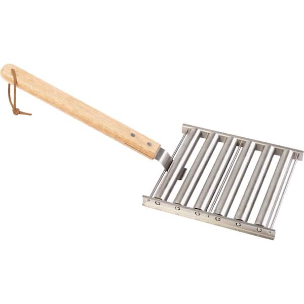GREAT NORTHERN Hotdog Roller for Grill-Stainless-Steel Rolling Rack with Extra-Long Wooden Handle and 5 Hotdog Capacity, Silver