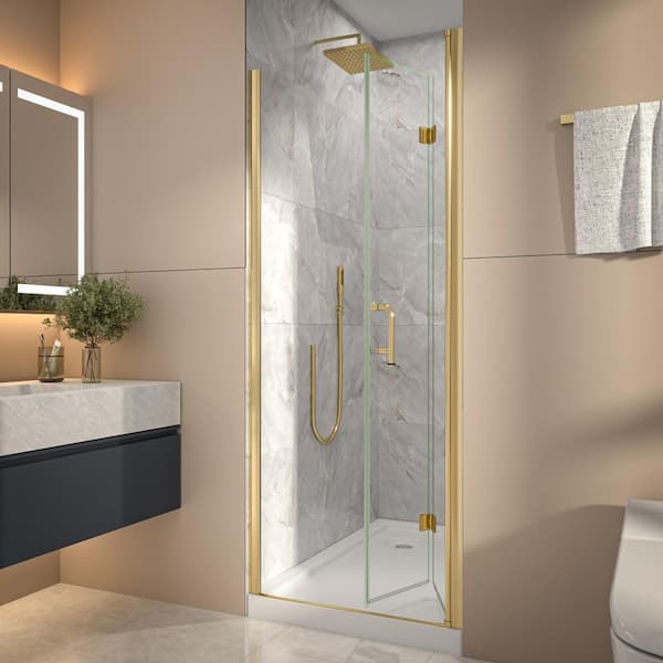 30-32 in. W x 72 in. H Bi-Fold Frameless Shower Door in Brushed Gold with Clear Glass