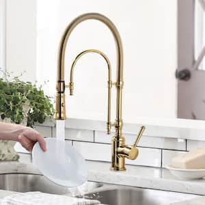 Single-Handle Wall Mount Gooseneck Pull Down Sprayer Kitchen Faucet with Deckplate Not Included and in Brushed Gold