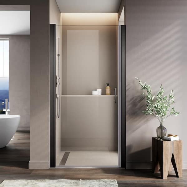 Unbranded 37 in. W x 72 in. H Semi-Frameless Pivot Shower Door with 1/4 in. Clear Tempered Glass in Matte Black Finish