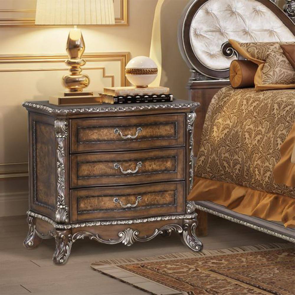 Devany Rich Cherry 3-Drawer Nightstand with Burl Wood Veneers