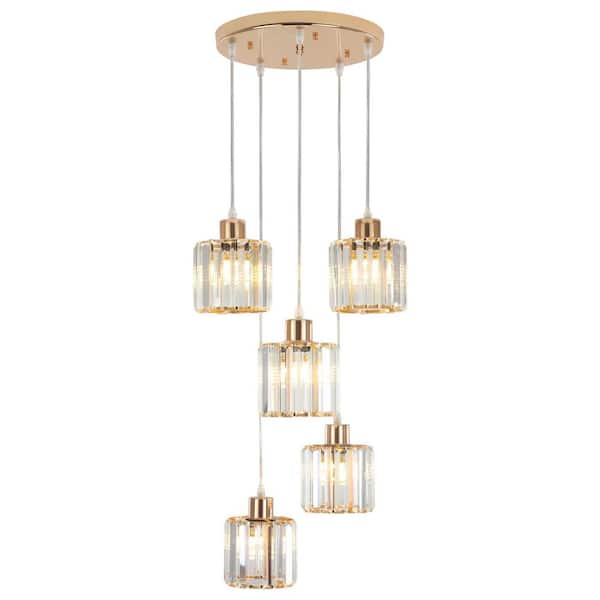 LWYTJO 5-Light French Gold Dimmable Cylinder Cluster Pendant Lighting Fixture for Dining Room Bedroom with No Bulbs Included
