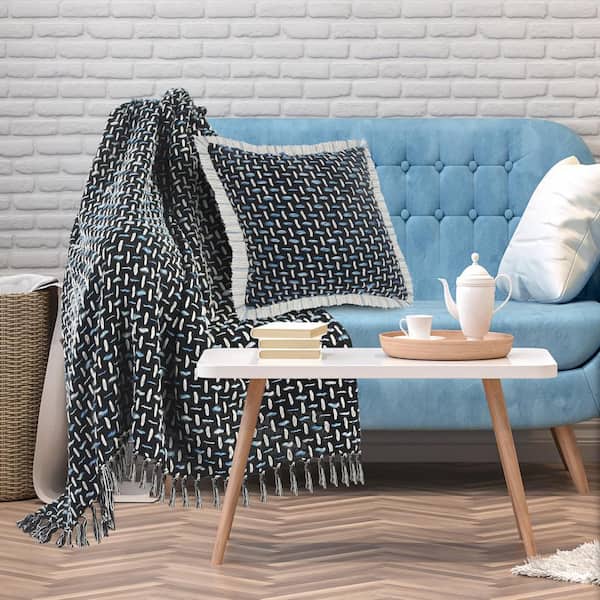 Unbranded Modern Black/Blue Interwoven All Natural Cotton Throw Blanket with Fringe