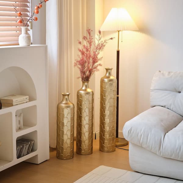 Avex 25/29/34 in. H Golden Metal Cylinder Decorative Vase Set (3-Pieces)