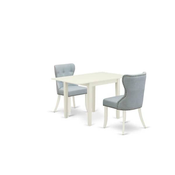 East West Furniture 3-Piece Linen White Finish Rectangular Solid Wood Top with Dropleaf Dining Table Set