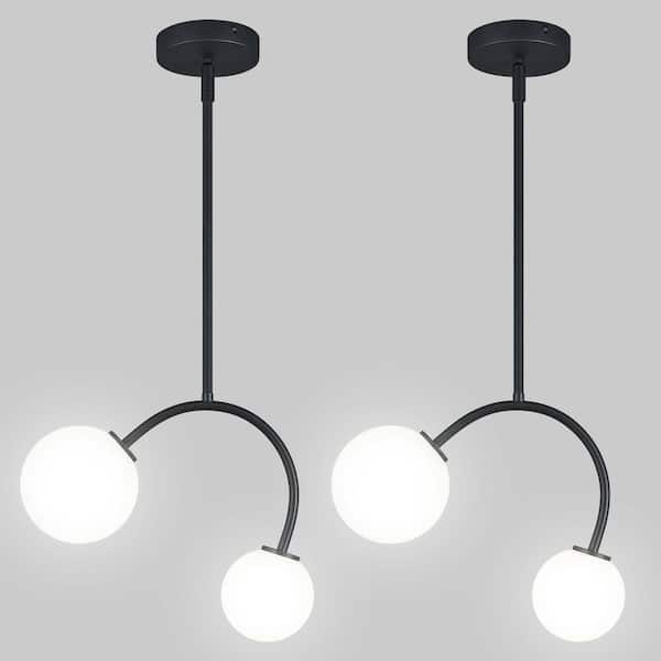 Home Light 24-Watt 2 Lights Black Modern Pendant Light With Milk Glass Shade, No Bulbs Included, 2Pack