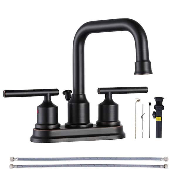 ARCORA 4 in. Centerset Double-Handle High Arc Bathroom Faucet with Drain Kit Included in Oil Rubbed Bronze