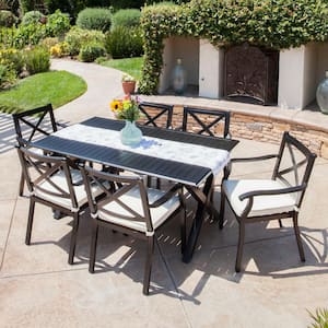 Black 7-Piece Aluminum Rectangular Outdoor Dining Set with Ivory Cushion