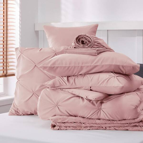 Bedsure Light Pink Comforter Set Queen 7 Pieces, Light Pink White