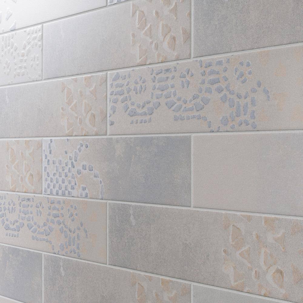 Tempo 3" x 8" White and Gray Porcelain Subway Tile