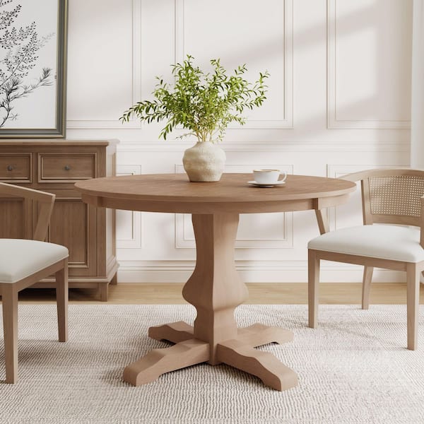 Farmhouse Style Round Light Natural Wood 46.25 in. Pedestal Base Dining Table Seats-4