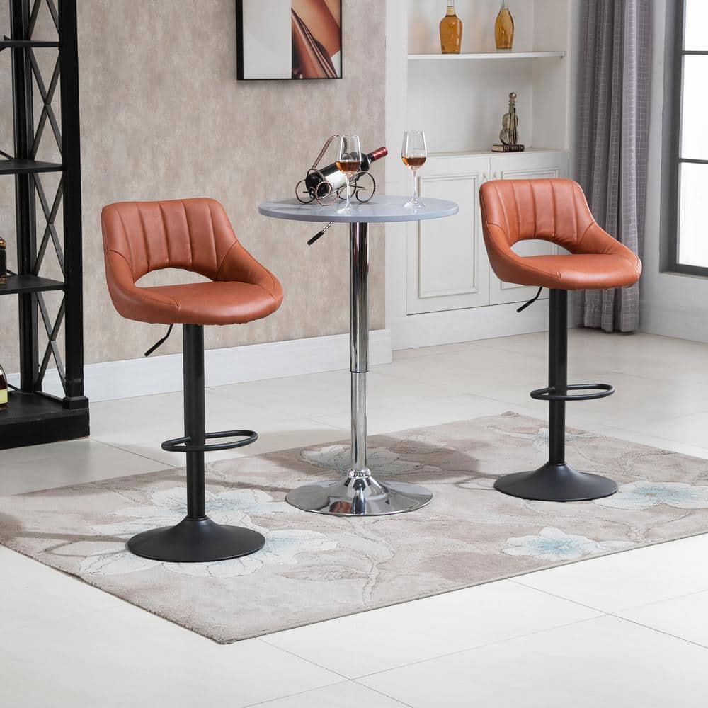 Adjustable Swivel Barstool in Brown Leather with Metal Base