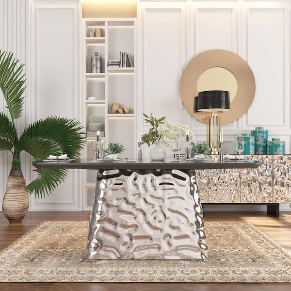 Silver and Black Wood 70.87 in. Pedestal Dining Table Seats-6