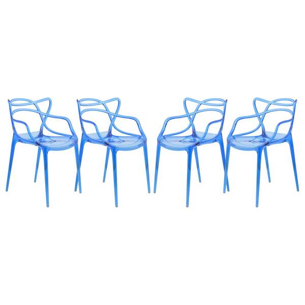 Leisuremod Milan Blue Modern Plastic Wire Design Arm Chair Set of 4