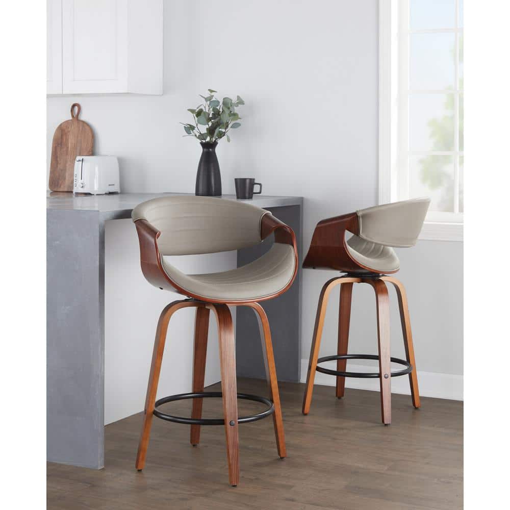 Set of 2 Gray Faux Leather Swivel Counter Stools with Walnut Wood