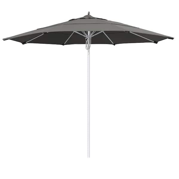 California Umbrella 11 ft. Silver Aluminum Commercial Fiberglass Ribs Market Patio Umbrella and Pulley Lift in Charcoal Sunbrella