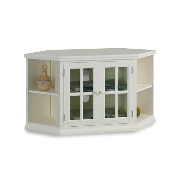 Leick Home Riley Holliday 20 in. White Corner TV Console Stand with 2-Door Bookcases Fits 46 in. TV with Adjustable Shelf