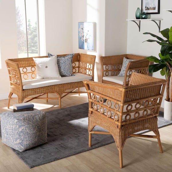 Oxford 3-Piece Light Honey Rattan and Fabric Living Room Set