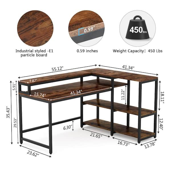 BYBLIGHT 55 in. L-shaped Brown Reversible Computer Desk with