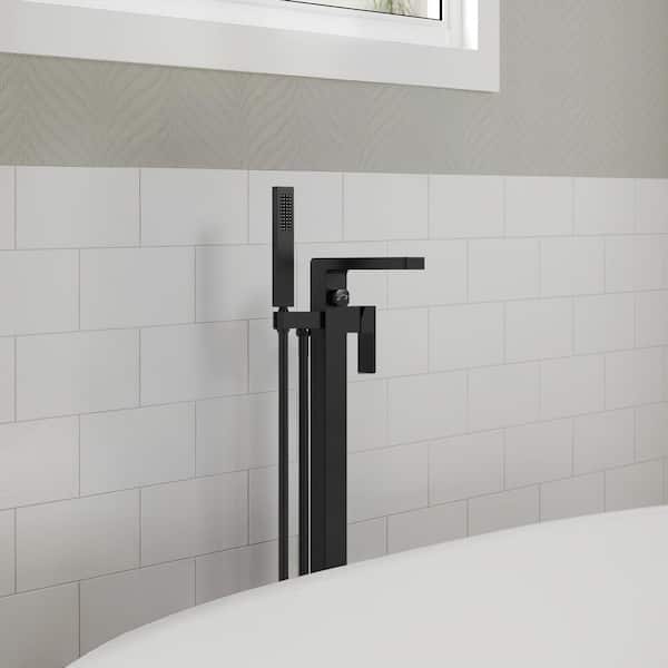 2-Handle Floor Mount Freestanding Tub Faucet Claw Foot Tub Faucet Bathtub Filler with Hand Shower in Matte Black