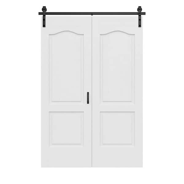 56 in. x 84 in. Arch Panel 2-Lite Primed Hollow Core MDF Finished Composite Bi-Fold Door with Bifold Barn Door Hardware