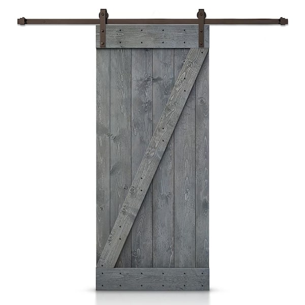 CALHOME 26 in. x 84 in. Z-Series Gray Stained DIY Knotty Pine Wood Interior Sliding Barn Door with Hardware Kit