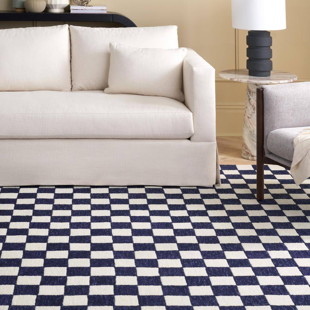 Navy and Ivory Checkered Handmade Wool Area Rug, 3' x 5'