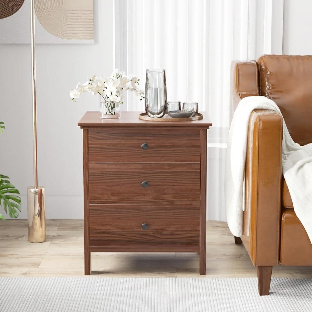 3-Drawer Nightstand Wooden Bedside Table Modern Side End Table Walnut