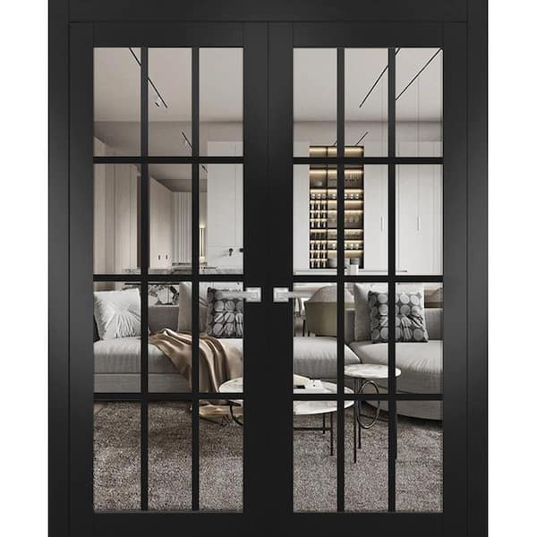 Sartodoors 64 in. x 96 in. 2 Panel Black Matte Finished Solid Wood Sliding Door with Hardware