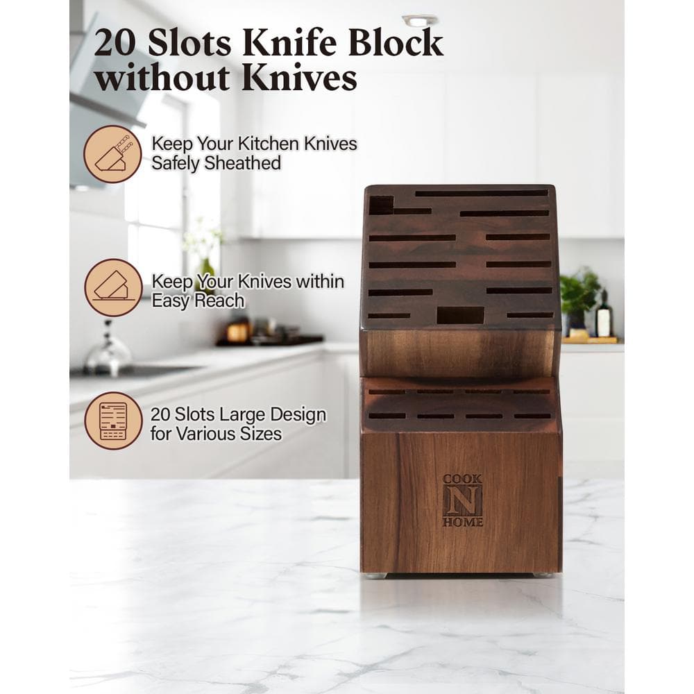 Cook N Home Acacia Wood Knife Storage Block without Knives, 20 Slot Universal Knife Holder Countertop Butcher Block Knife Stand for Easy Kitchen Storage